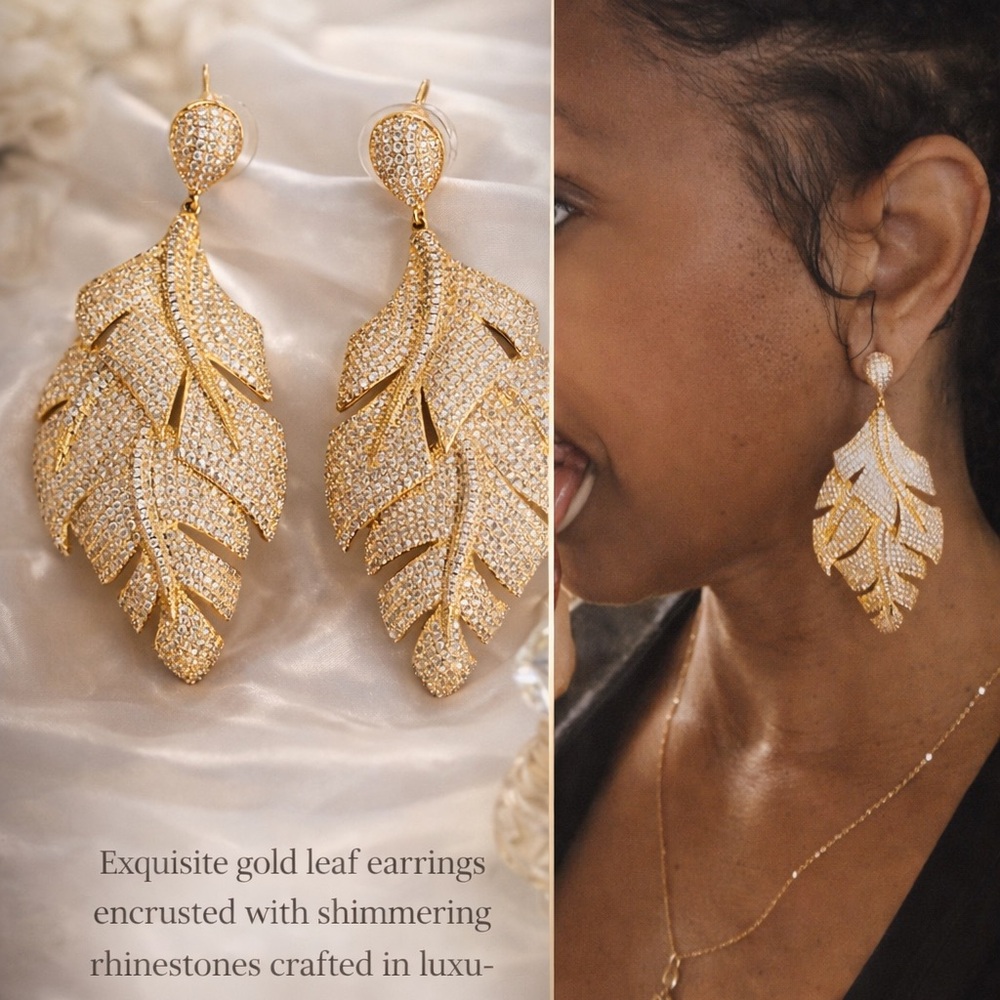 Gold Leaf Crystal Drop Earrings - Elegant Women Jewelry